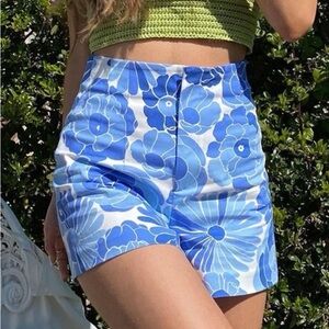 Zara Blue Retro Floral Print Shorts